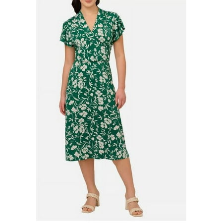 Adrianna Papell Women's Cream Faux Wrap V-Neck Dress, Green Small