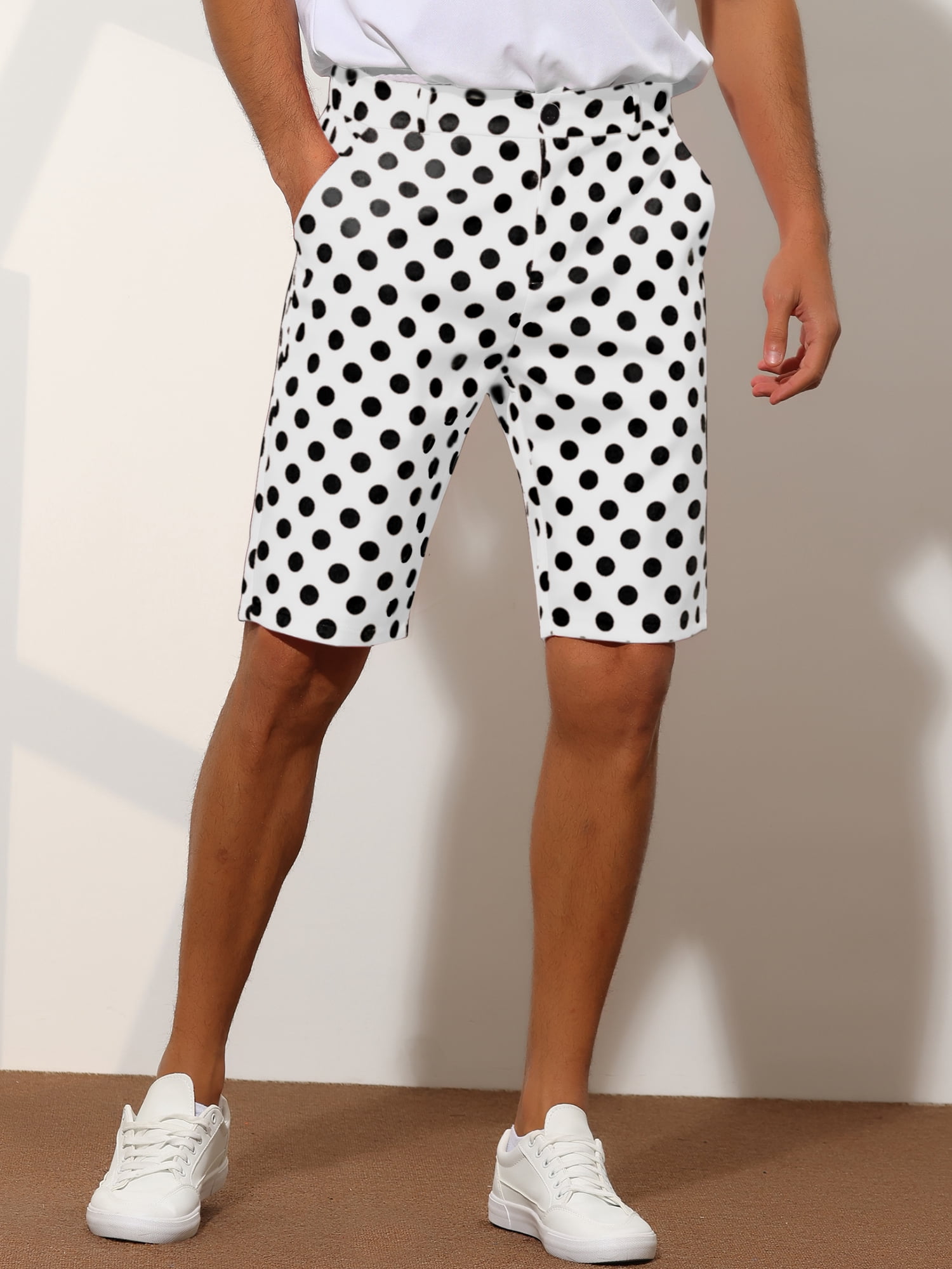 Unique Bargains Men's Polka Dots Shorts Straight Fit Comfort Flat Front Chino Shorts 28 White