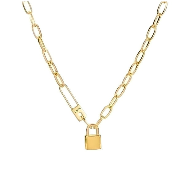 Oval Chain Necklace for Women Lock Pendant 18K Gold Plated Stainless Steel Adjustable to 18" Ginger Lyne