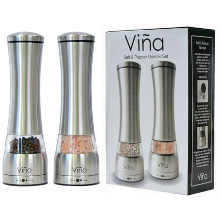 One Hand Pepper Mill - Pack of 2 Vina Premium Food Safe Large Capacity Salt and Pepper Mill Grinder Set for Flavor and Seasoning, with Adjustable Coarseness