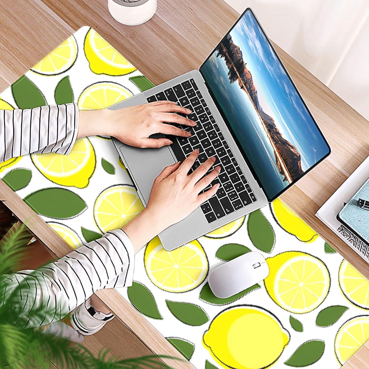 Cute Lemon Leaves Desk Mat, Desk Accessory, Cute Workspace, Trendy Workspace, Trendy, 35.4x15.7in Large Gaming Mouse Pad, Cute Desk Topper, Pretty Desk Pad