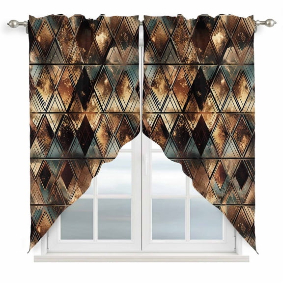 Brown Teal Geometric Kitchen Window Curtains, Swag Curtains Valance for Bedroom Living Room Bathroom, Retro Modern Plaid Abstract Art Rod Pocket Window Treatment Curtain Block Drapes 2 Panels 36"x36"