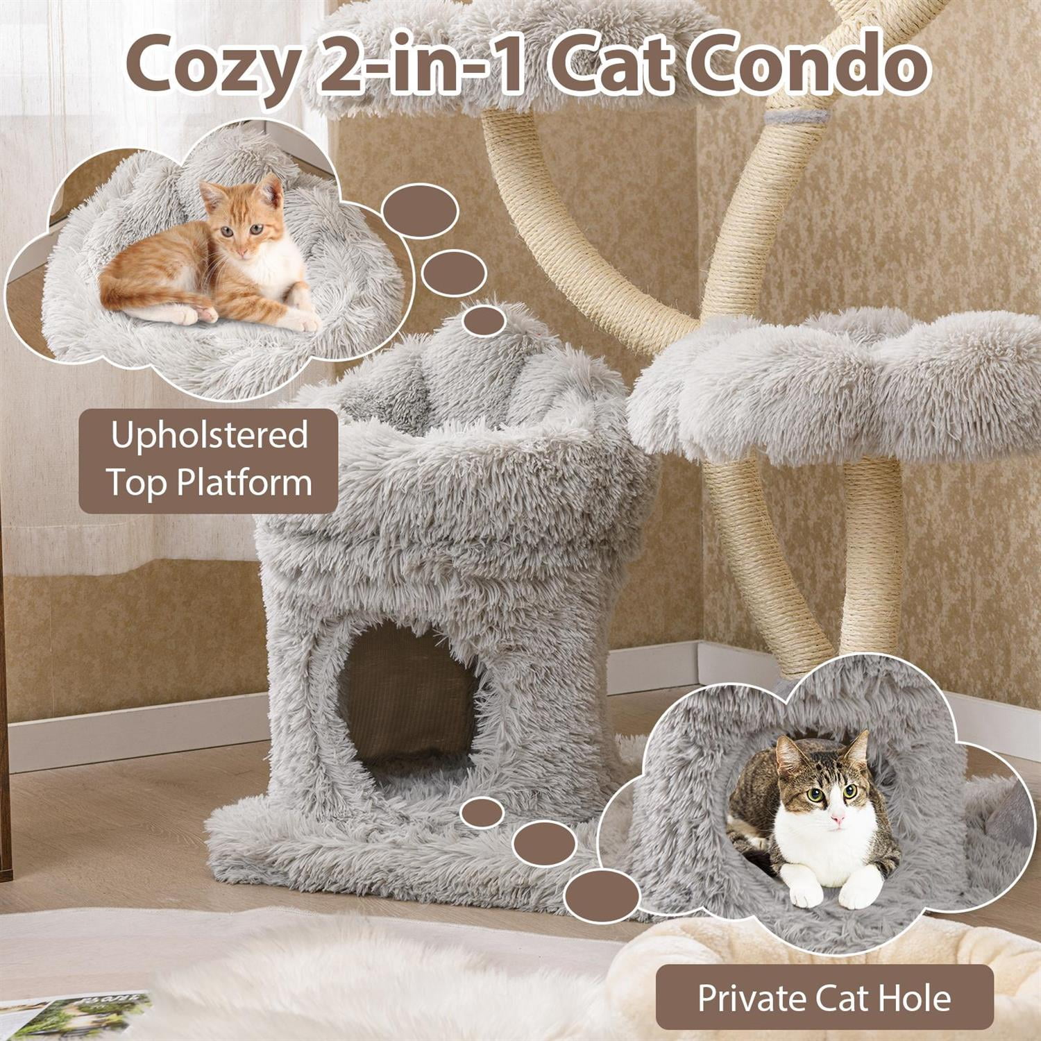 Pefilos Freestanding Cat Tower, 4 Flower-shaped Platforms, Sisal Scratching Posts, Gray