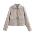 thumbnail image 4 of XPMWRP Women's Solid Color Lightweight Bomber Jackets Casual Button Down Long Sleeve Lapel Varsity Shacket Coats Beige M, 4 of 9
