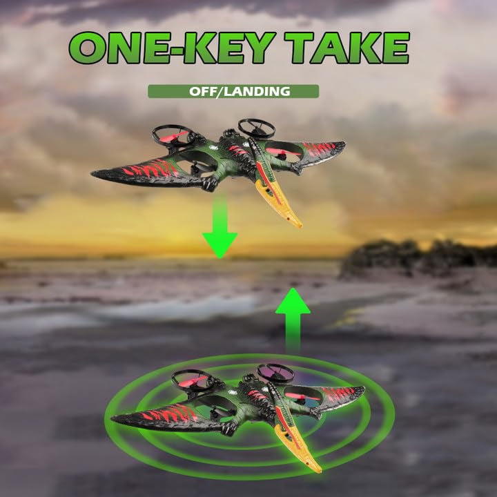Remote Control Dinosaur Pterosaur RC Plane w/ Headless Mode, Altitude Hold, LED Light, for Kids
