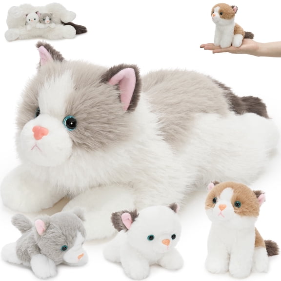 MaoGoLan 4 Pcs Ragdoll Cat Stuffed Animal Large Cat with 3 Baby Cats Plush Toy