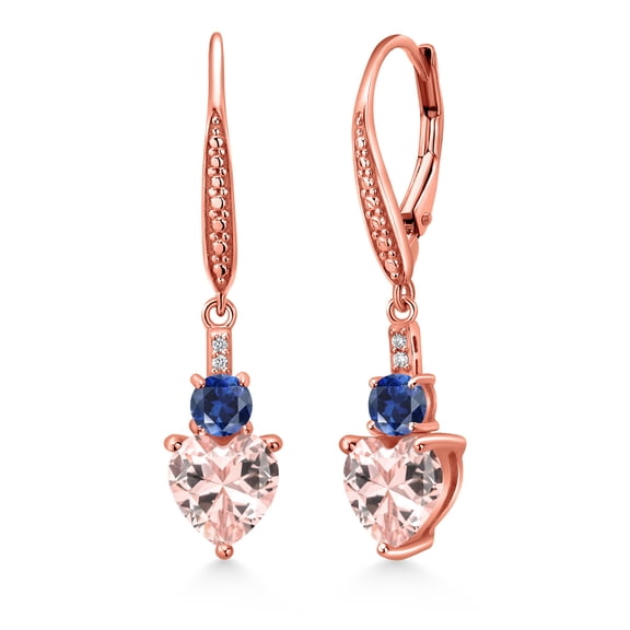 Gem Stone King 18K Rose Gold Plated Silver Peach Nano Morganite Blue Created Sapphire and White Lab Grown Diamond Drop Dangle Earrings for Women (3.03 Cttw, Heart Shape 7MM, Round 4MM)