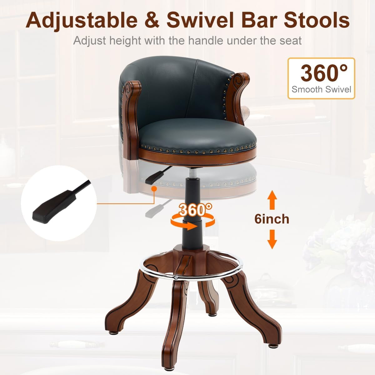 AULIFE Adjustable Height Swivel Bar Stool with Full-Grain Leather, Solid Wood Frame and Footrest–Modern Design for Kitchen Island, Counter, or Home Bar