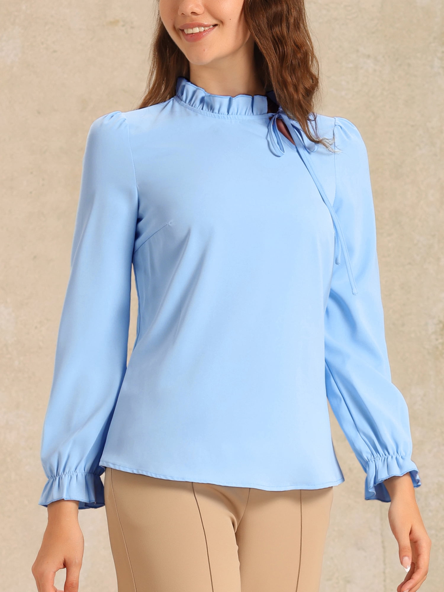 DARING DIVA Women's Spring Blouse Long Sleeve Ruffle Tie Neck Business Top M Sky Blue