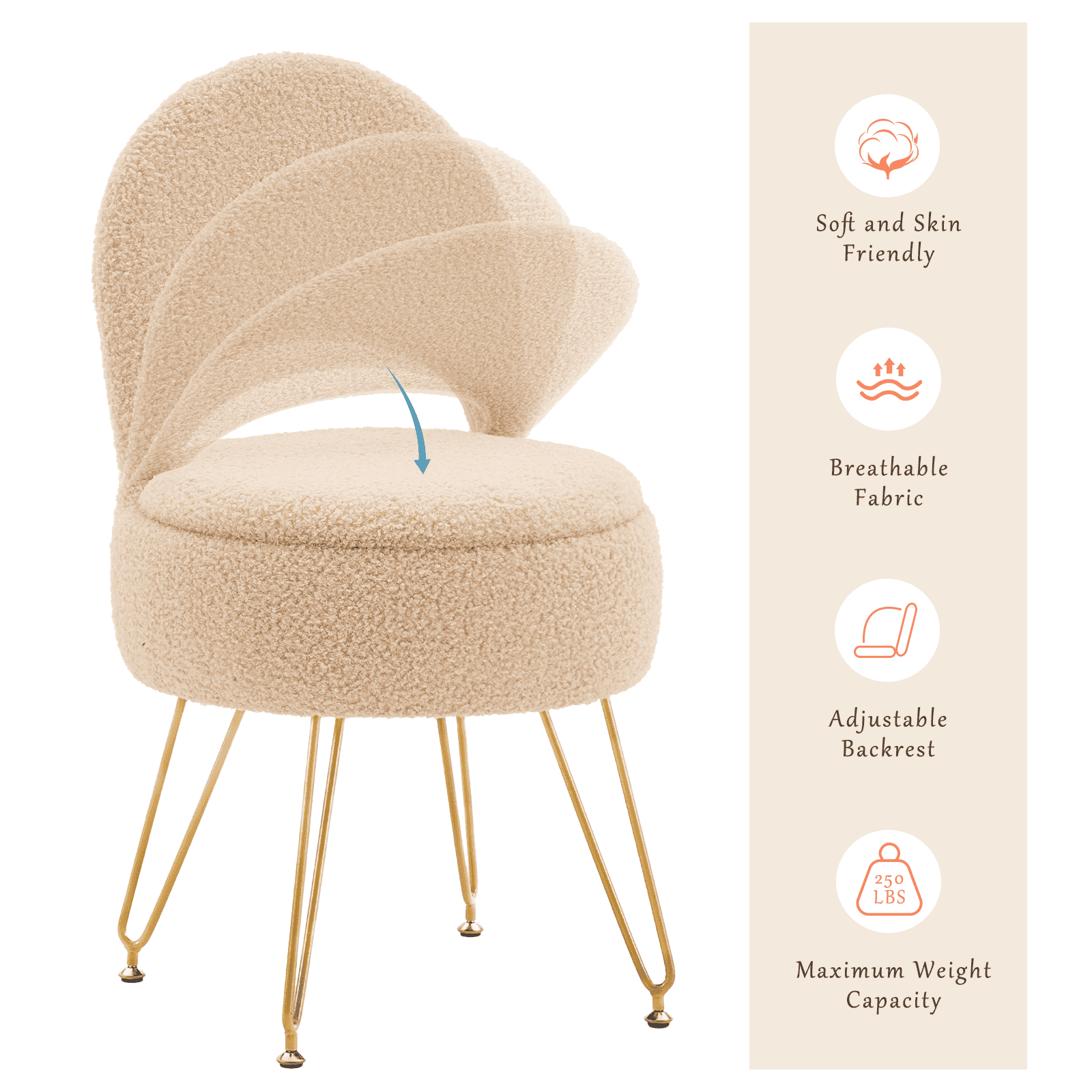 Casa Pura Furniture Modern Teddy Velvet Storage Ottoman Vanity Stool with Folding Back Round Beige 1-Piece