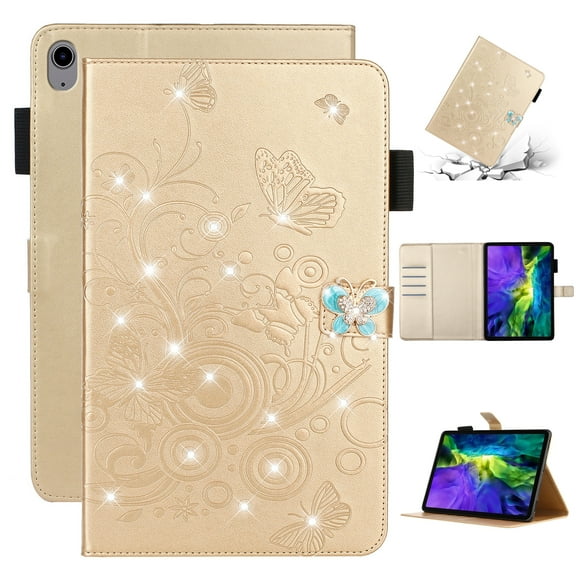 SaniMore Case for iPad 10th Generation 10.9" 2022, PU Leather Embossed Butterfly Glitter Diamond Cover with Pencil Holder Card Slots All-around Protection Luxury for iPad 10th Gen, Gold