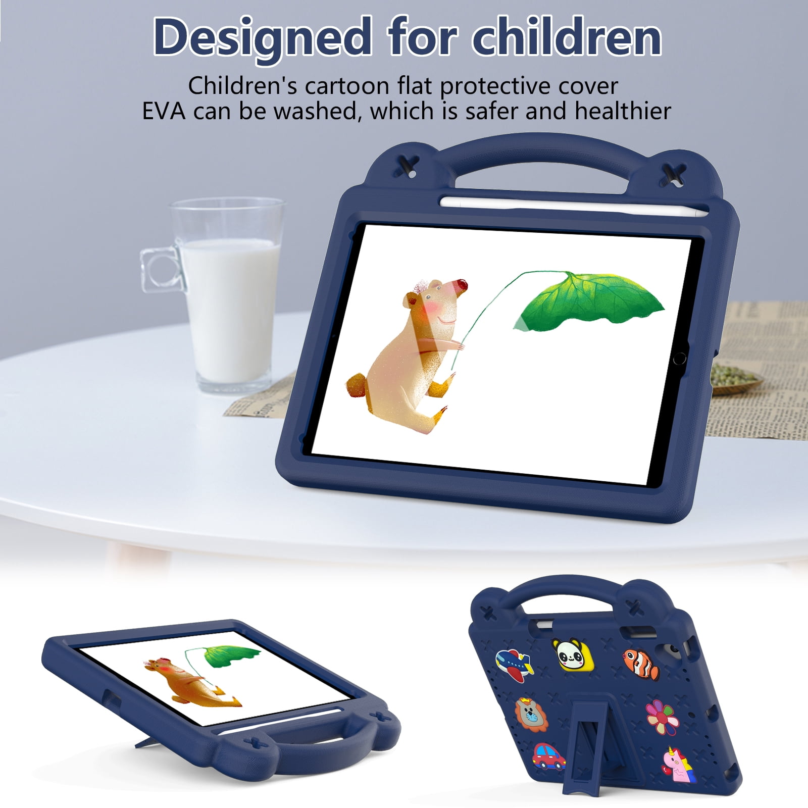 ELEHOLD Kids Case for iPad 6th/5th Gen/Pro (2018/2017/2016) 9.7 inch, EVA Foam Cute Cartoon Case with Built-in Kickstand Pencil Holder Shockproof Portable Case for iPad 9.7"/iPad Air/Air 2,Navyblue
