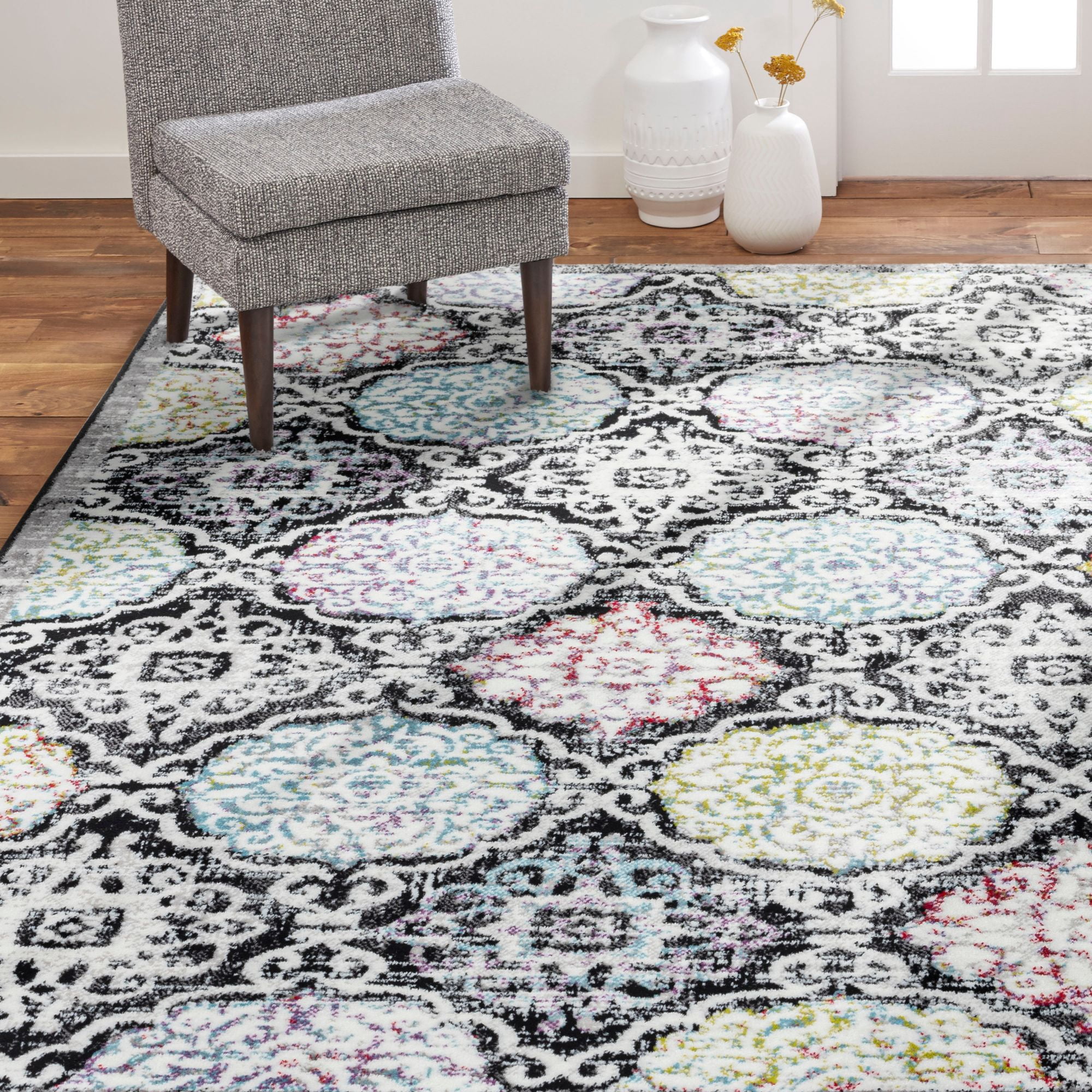 Home Dynamix Boho Andorra Transitional Damask Area Rug, Black/Pink, 5'2"x7'2"