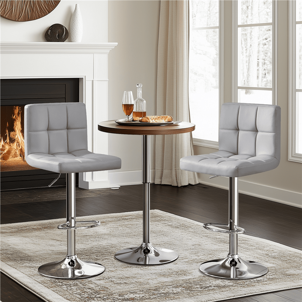 Alden Design Adjustable Bar Stool Faux Leather Counter Height Mid-Back Bar Chair Set of 2, Light Gray