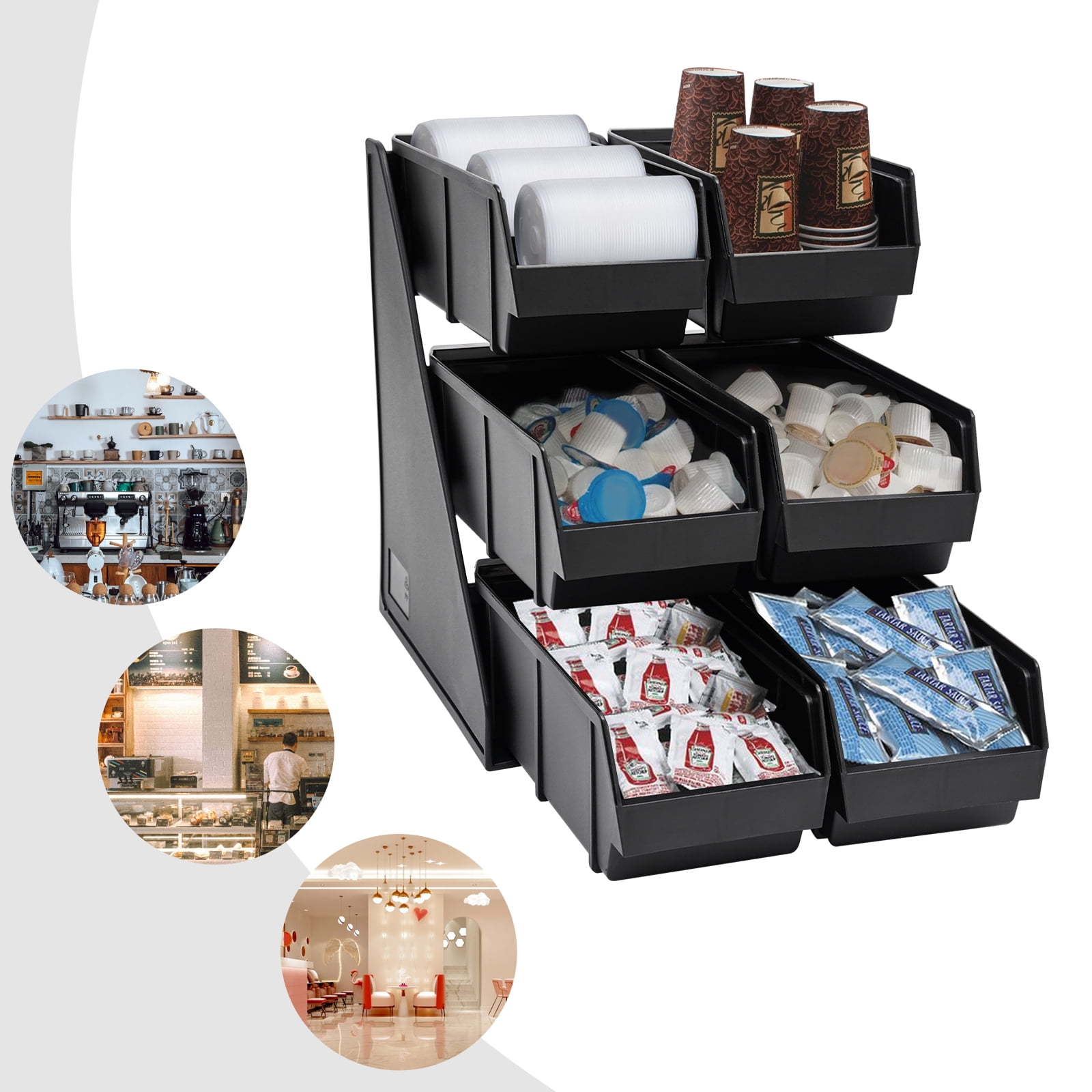 Dwellnix 6 Compartments Upright Breakroom Coffee Condiment Storage Organizer Bin 3 Tier