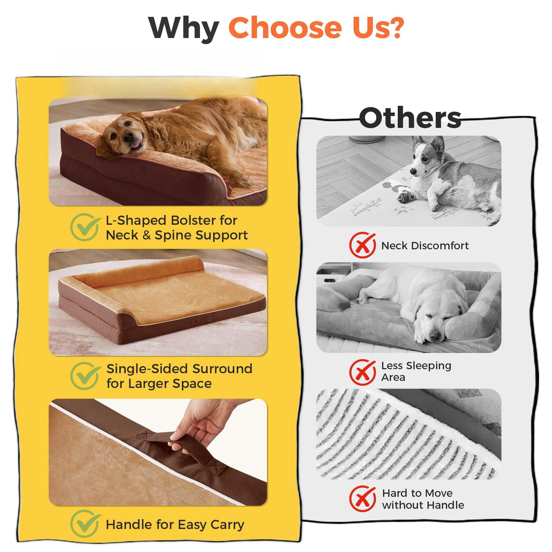 Dog Bed Large Sized Dogs  For Waterproof Pet With Washable Removable Cover L-shaped Couch Portable Handle 36"x27"x6.5" Brown