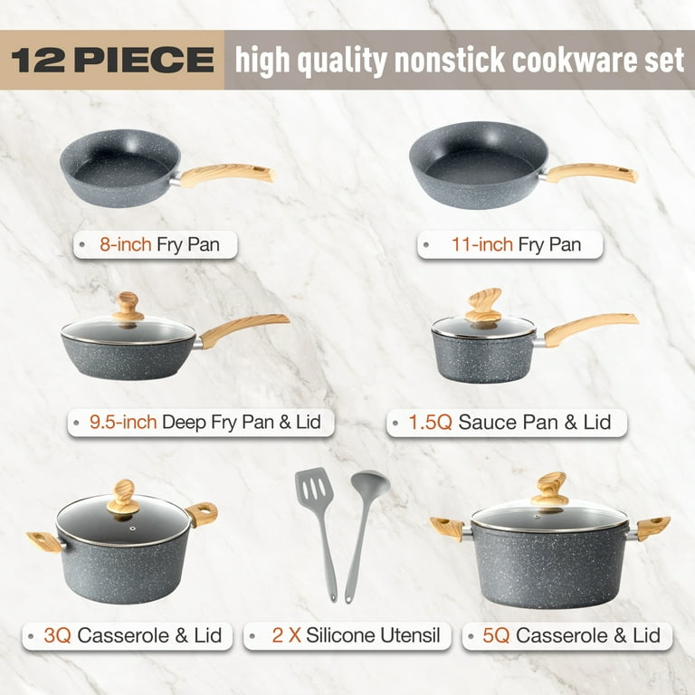 Stylish Granite-Coating Nonstick Induction 12 Pieces Cookware Gift Set-Kitchen Academy Green