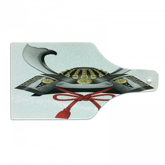 Japanese Cutting Board, Pattern of Classic Japanese Kabuto Custom Medieval Period, Decorative Tempered Glass Cutting and Serving Board, Wine Bottle Shape, Grey Vermilion Yellow, by Ambesonne