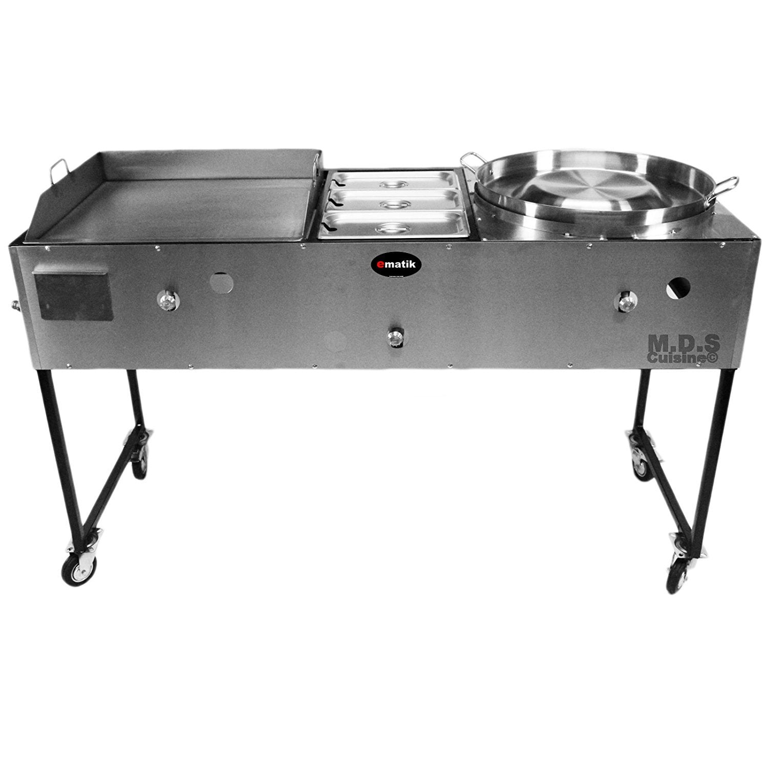 Ematic Catering Cart 24” Griddle 100% Pure Heavy Duty Gauge Steel Commercial Stainless Steel Taco Cart Grill with Steamer and Convex Comal