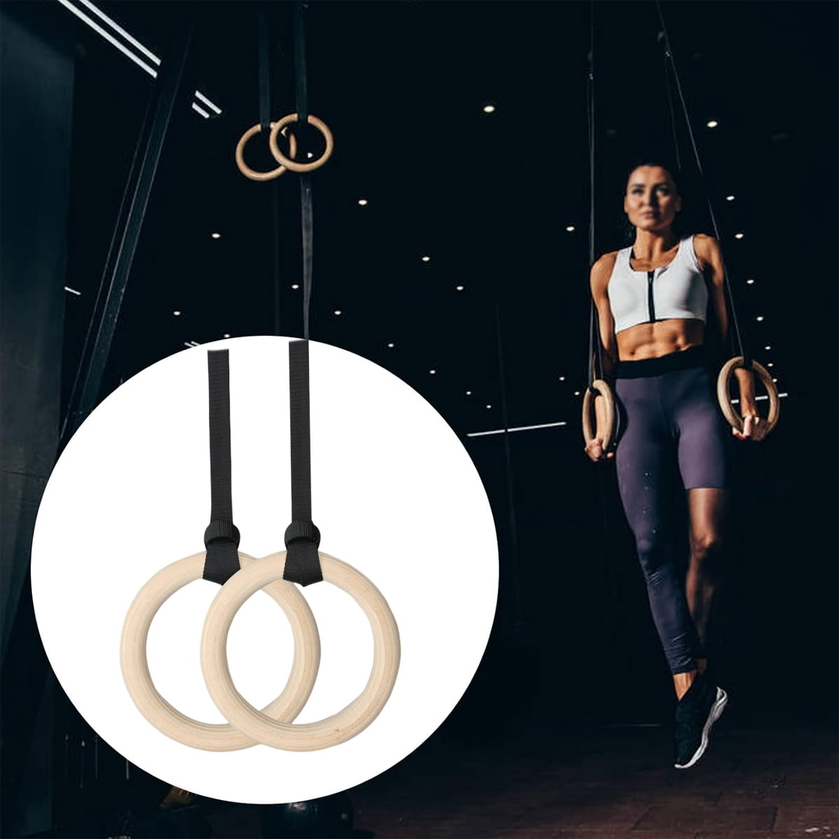 1 Pair Wooden Gymnastic Rings with Adjustable Buckle Straps 330lbs Capacity Pull Up Exercise Rings for Home Gym Workout Walmart