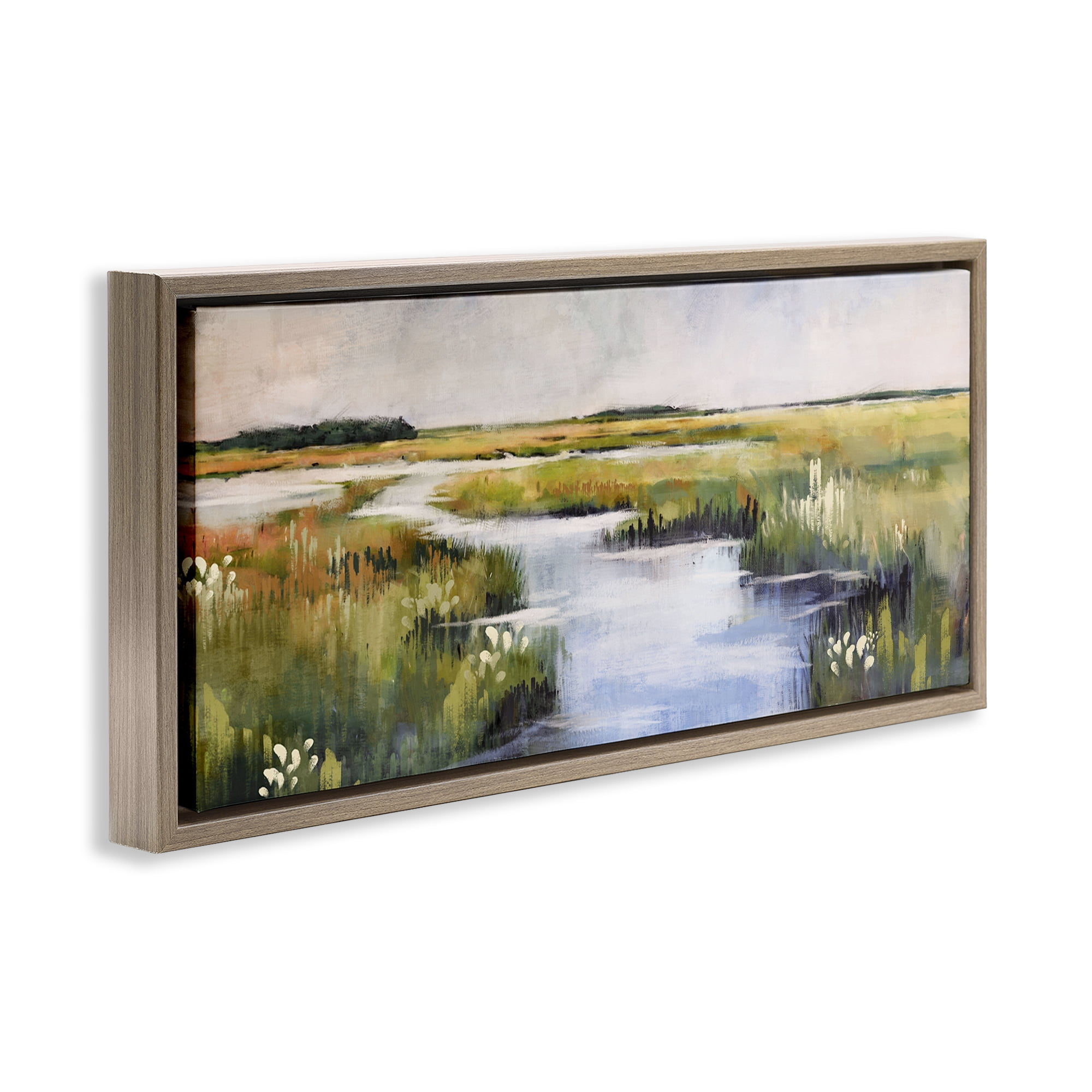 Stupell Industries River Through Marshlands Landscape & Nature Painting Brown Floater Framed Canvas Art Print Wall Art, 31 x 14
