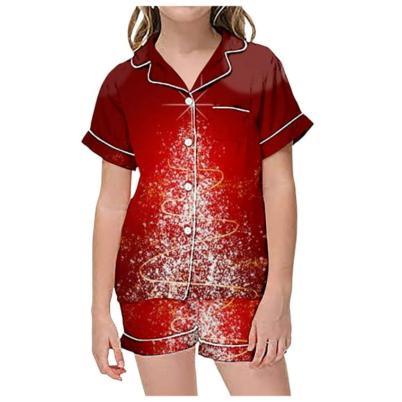 FhsagQ Pajamas Girls Christmas Pajamas Christmas Kid's Summer Homewear Boys Girls Printed Short Sleeve T Shirt Short Pants Pajamas Suits Children's Clothing Brick Red 8-9 Years