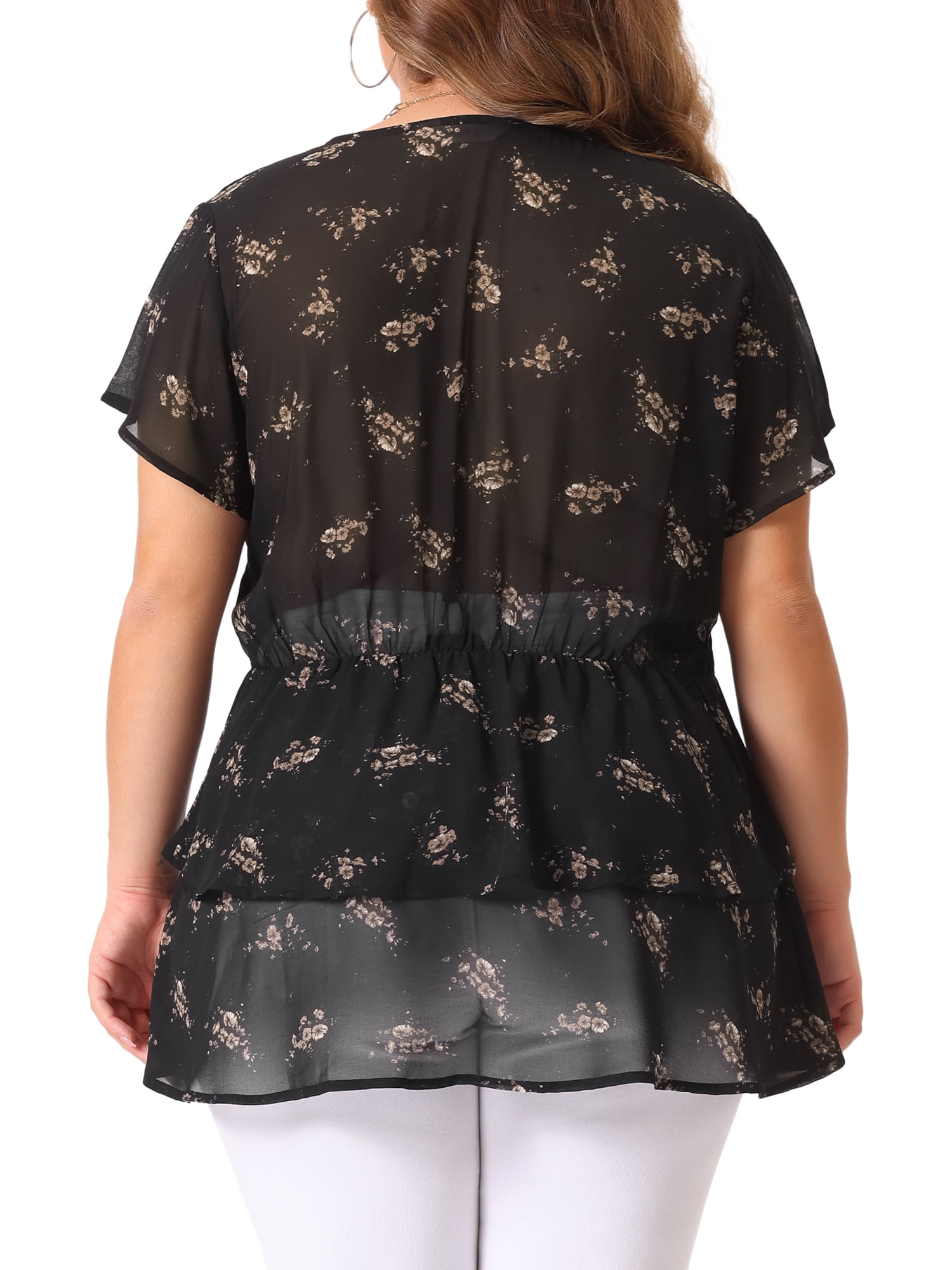 DARING DIVA Women's Plus V Neck Short Sleeve Casual Floral Blouse 2X Dark Black