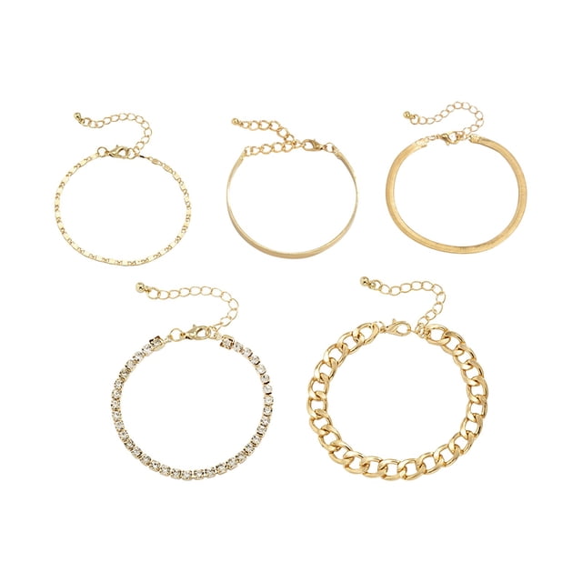 Fiudx Juego de Pulseras de Diamantes de Imitación, 5 Piezas de Joyería de Estilo Vintage, Diseño de Cadena de Cobre Ajustable, Accesorio de Moda Versátil, Ideal para Fiestas, Viajes de Trabajo, Unise