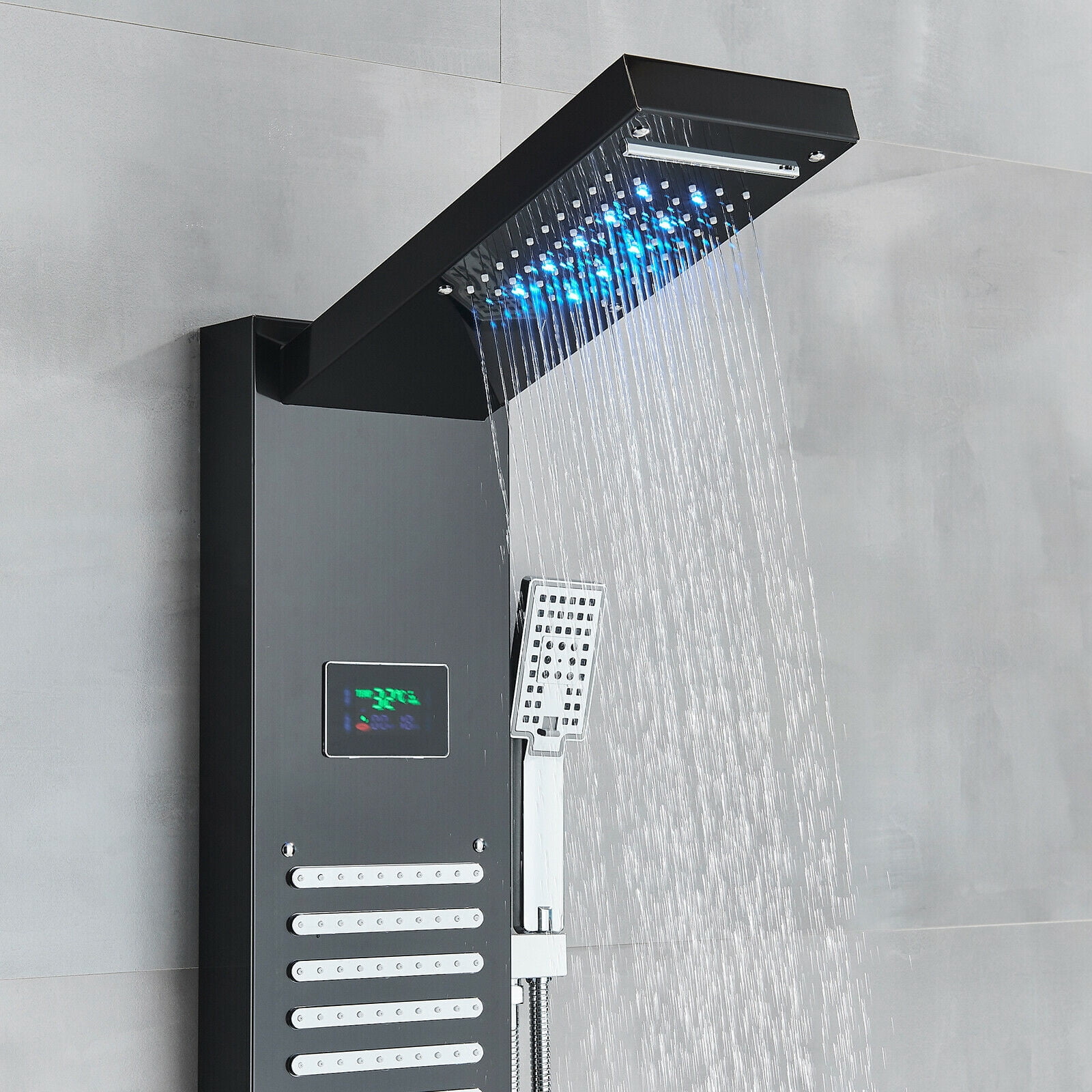 LED Shower Panel Tower System Rain&Waterfall Massage Black Stainless
