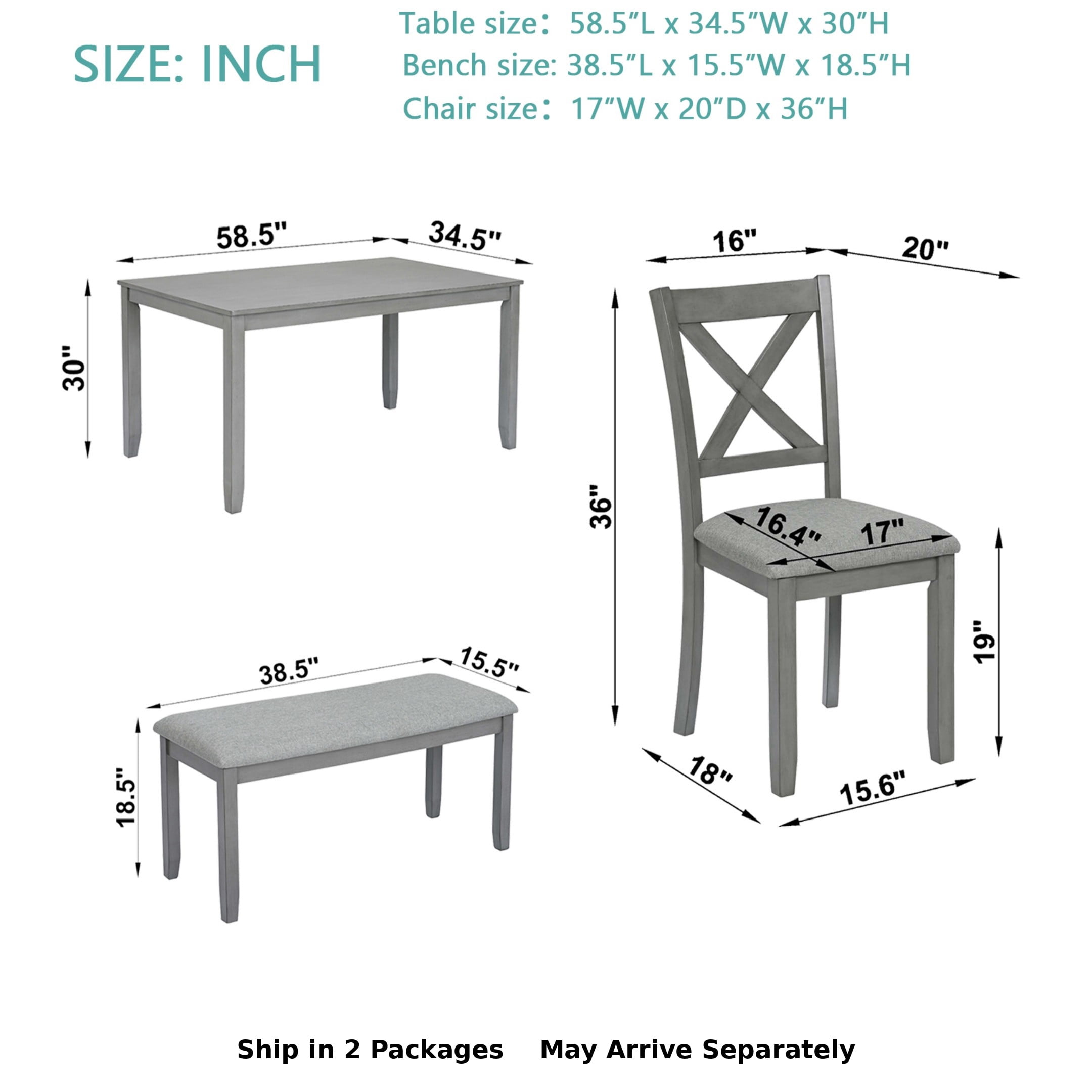 BSHTI 58.5" Acacia Wood & MDF 6-Piece Dining Table Set with X-Back Upholstered Chairs and Bench for Kitchen Dining Room(Gray)