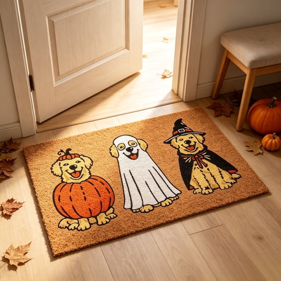 Halloween Dog Coir Doormat, Cute Puppy Pumpkin Ghost Witch Printed Entry Rug 30 x 18 Inch for Front Door Porch Entryway Halloween Home Outdoor Decor