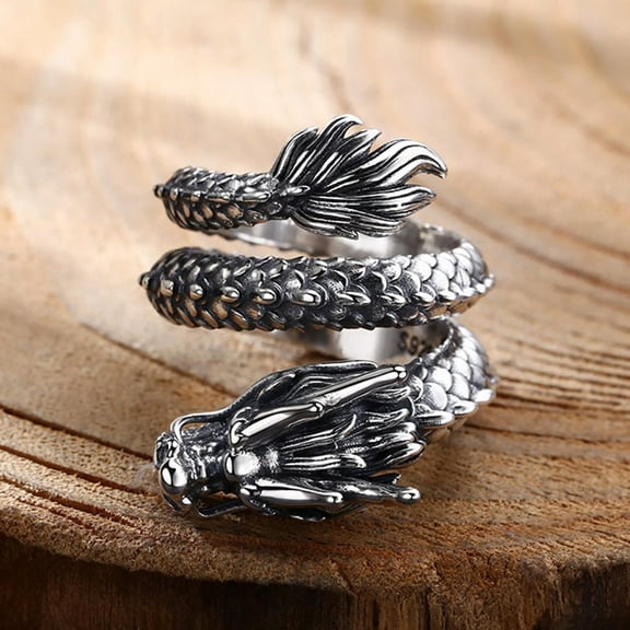K-KED Solid 925 Sterling Silver Band Men Best Lucky Retro Circle Dragon Ring 19.2g