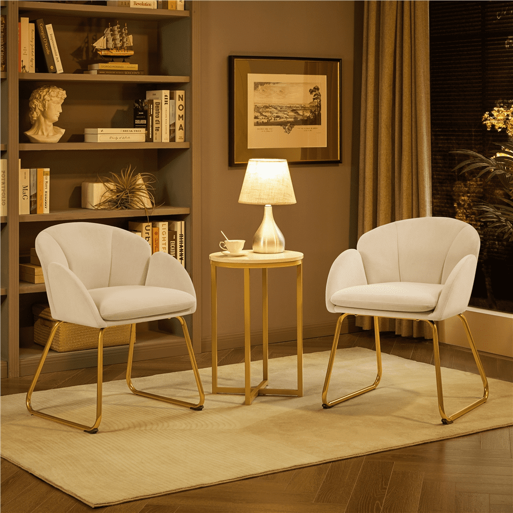Alden Design Flower Shape Velvet Accent Chair with Golden Metal Legs for Livingroom, White