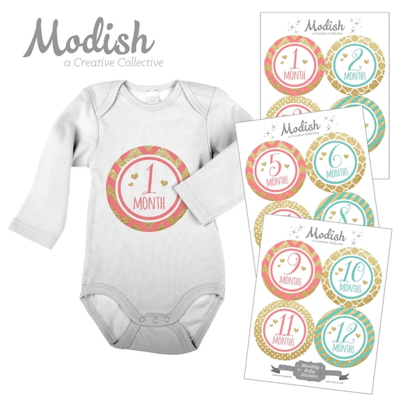 Modish Monthly Baby Stickers, Girl, Pink, Coral, Mint, Gold, Chevron, Stripes, Baby Photo Prop, Baby Shower Gift, Baby Book Keepsake