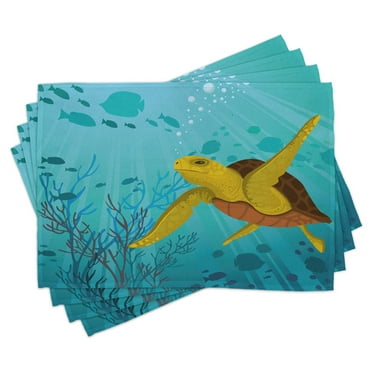 Ambesonne Ocean Place Mats Set of 4, Cartoon Turtle Coral, Standard Size, Turquoise Mustard Brown