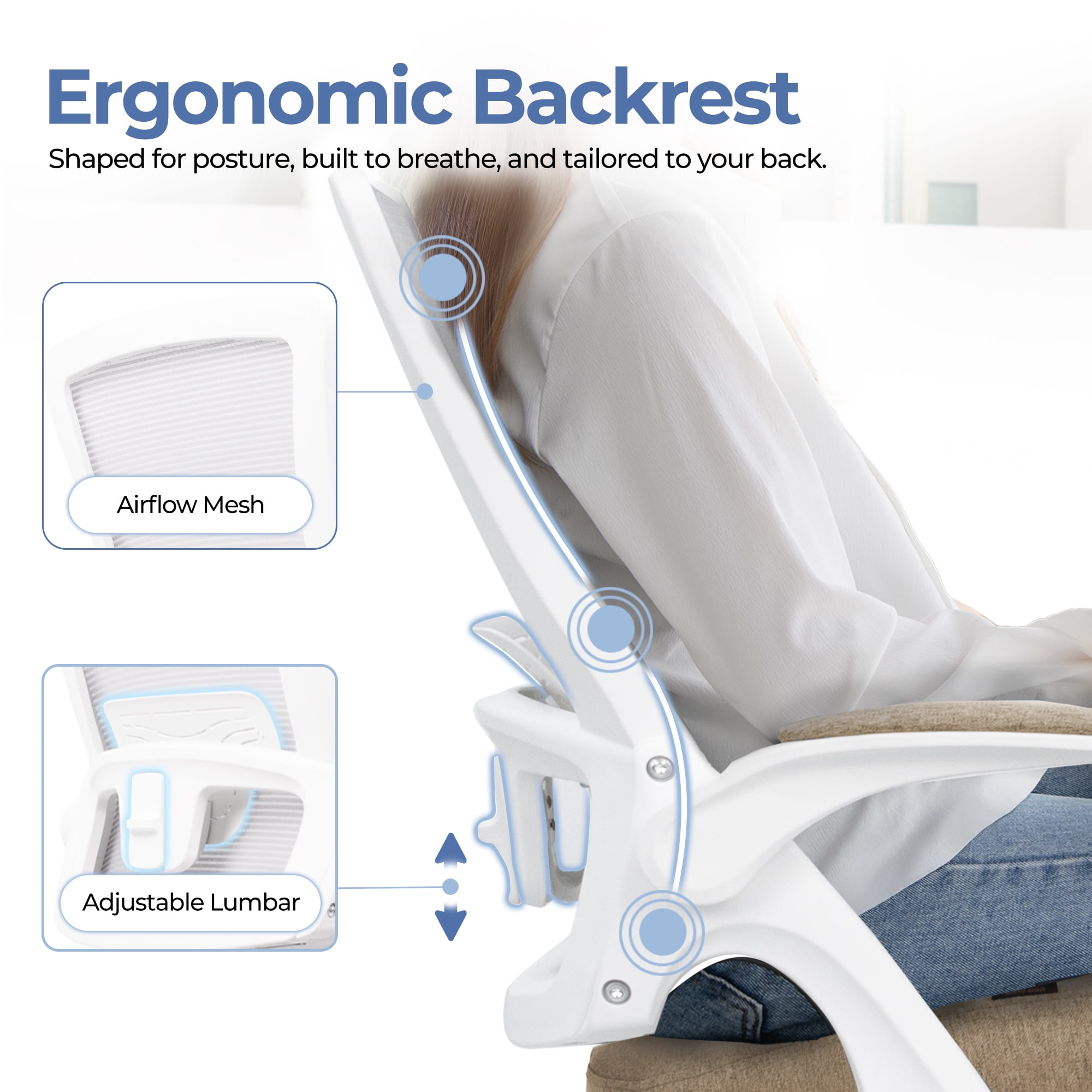 CELTOSS Ergonomic Office Chair, Wide Seat with Flip-Up Armrests, Lumbar Support, Adjustable Height, Comfy Home Task Computer Chair, Beige