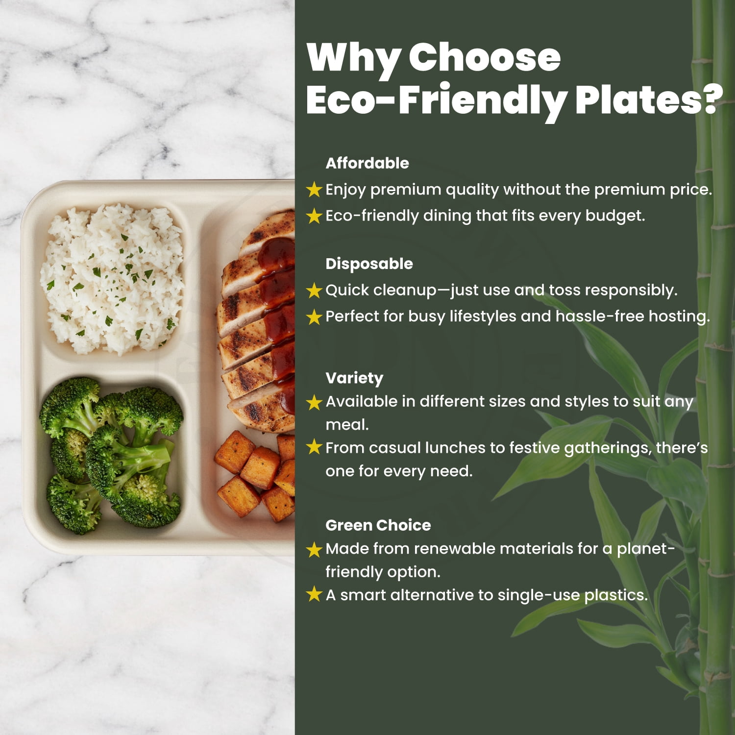 FPN Plates Square 3-Compartment 125 Pack Disposable Trays – Sugarcane Fiber, Biodegradable & Compostable, Paper Plates for Meals, Catering, School Lunch, Microwave & Freezer Safe