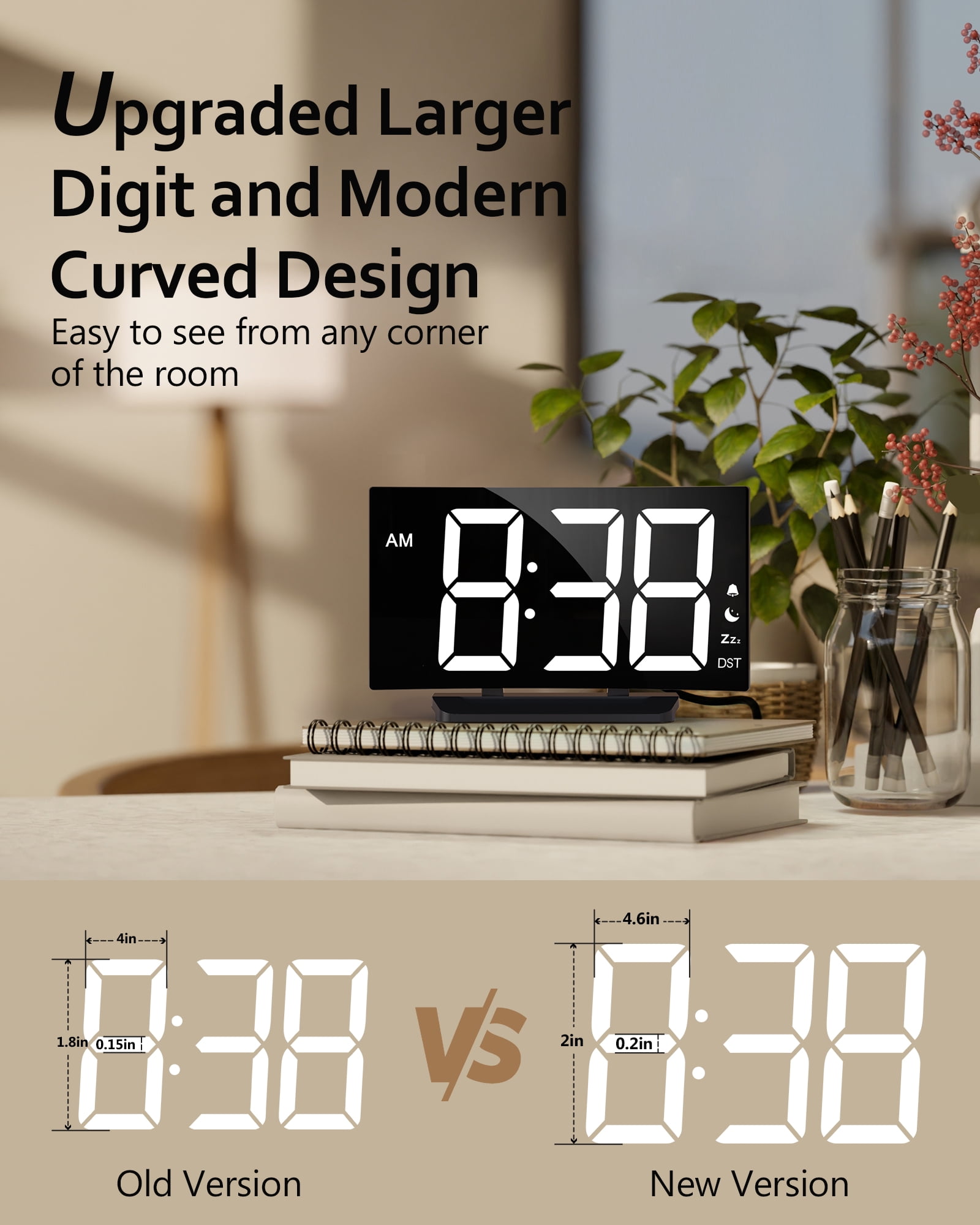 MPOW Digital Alarm Clock for Bedrooms, Digital Clock with Customizable Night Mode, 5 Levels Brightness+Off, 2 Volume, 3 Alarm Tones, Snooze, USB Charging Port, Power-Off Memory, 12/24H/DST Beside