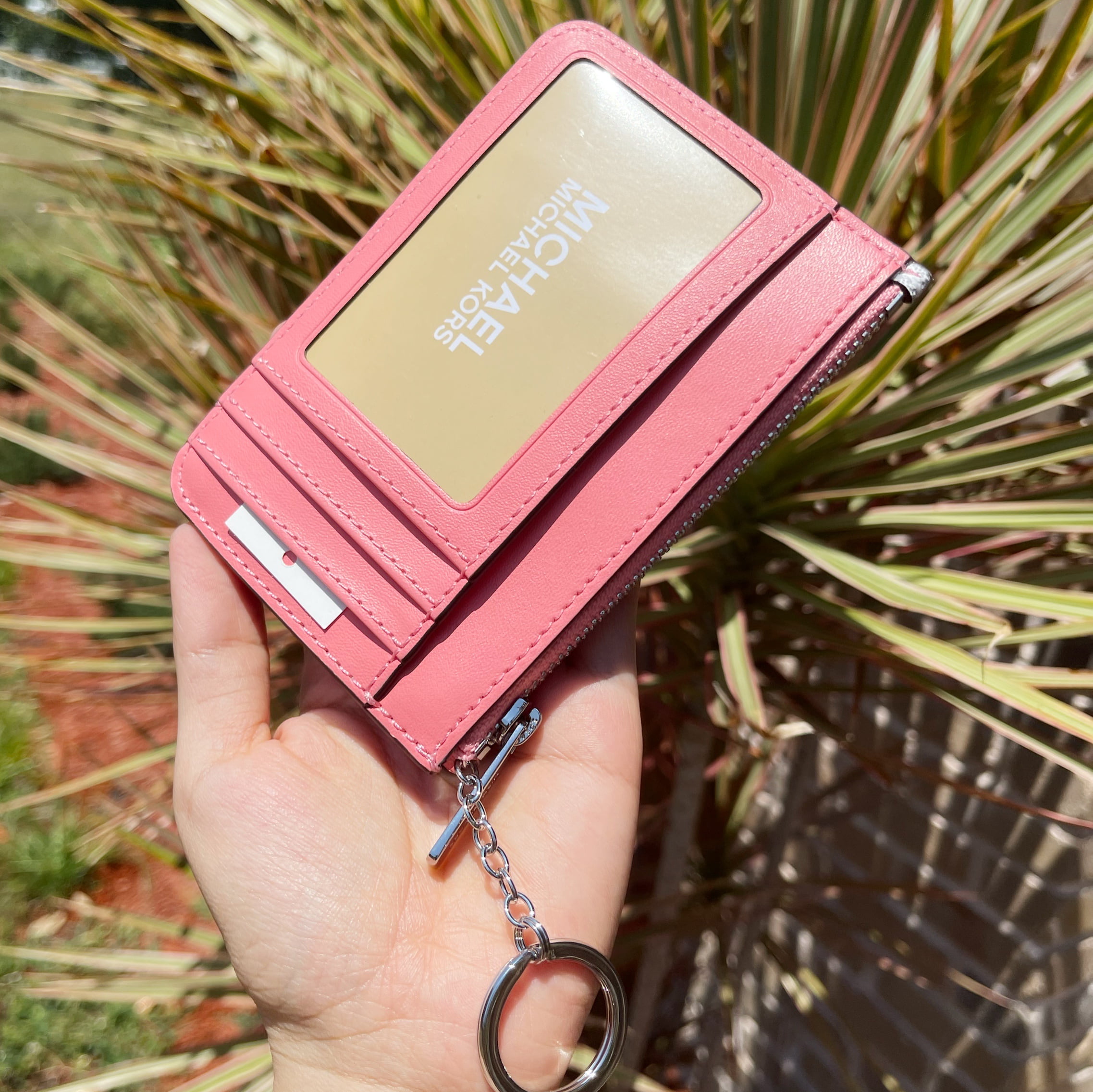 Michael Kors Key Ring Zip Coin Pouch Card Holder Wallet White Mk Grapefruit  Pink 