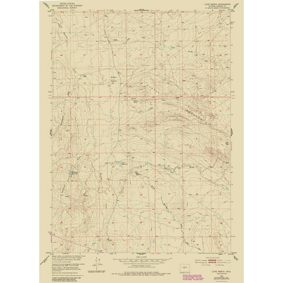 Topographical Map - Love Ranch Wyoming Quad - USGS 1952 - 23 x 31.81 - Vintage Wall Art