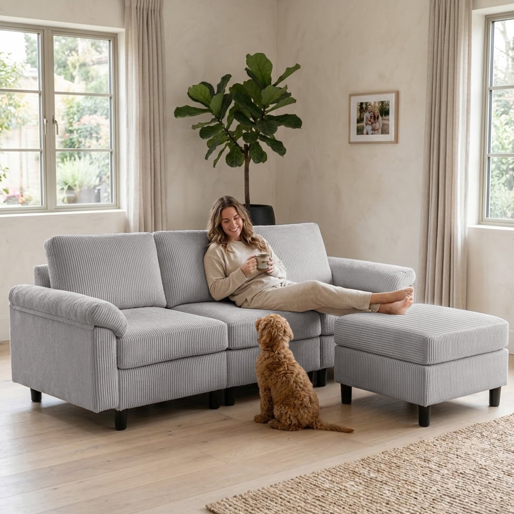 SAETSFEG Sectional Sofa, L-Shape 3-Seat Couch with Movable Ottoman, Modern Storage Modular Sofa for Living Room,Lightgrey