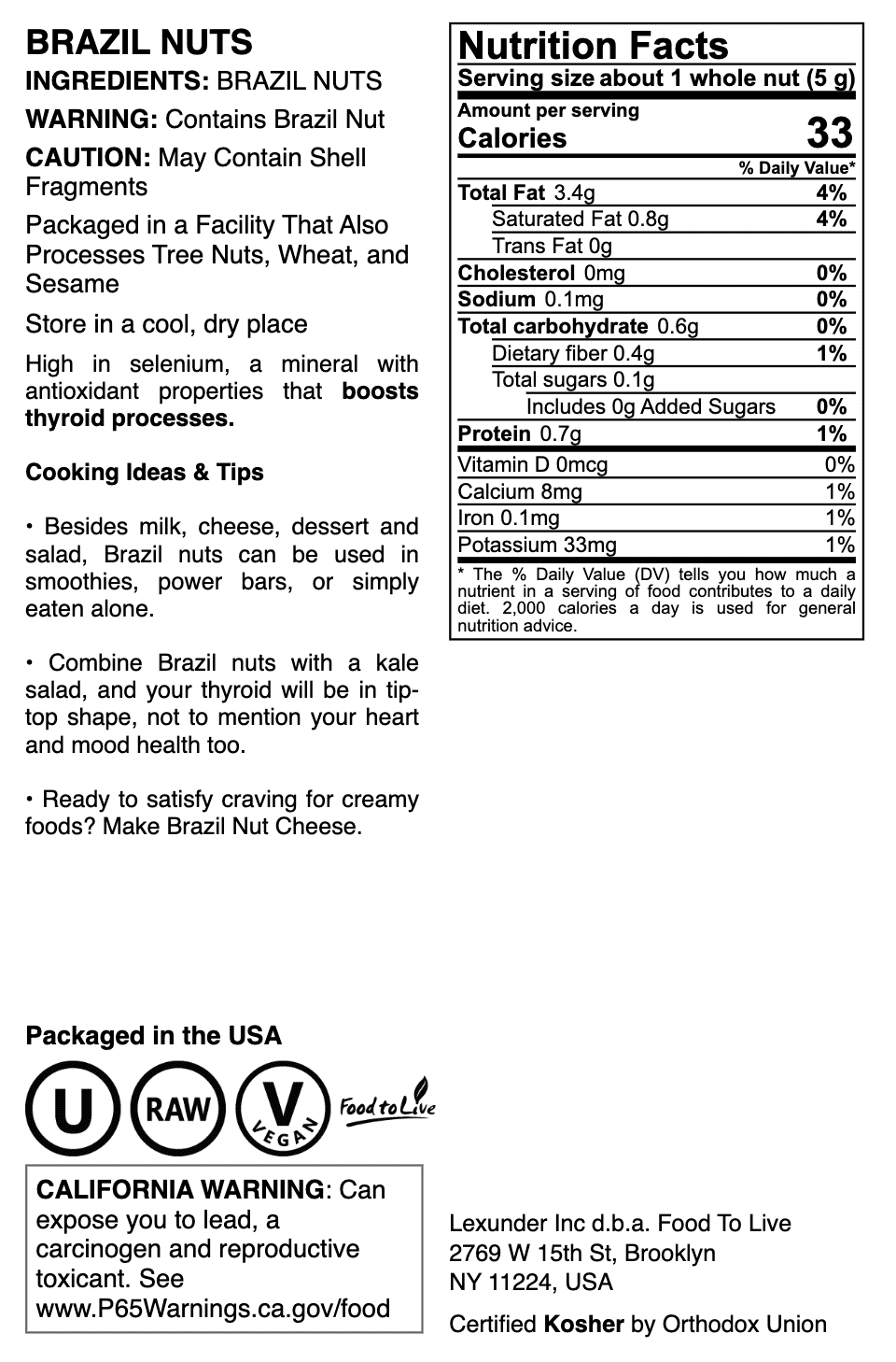 Food to Live Brazil Nuts, 1 Pound - Raw