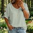 thumbnail image 2 of WHEANG Womens Summer Tops Short Sleeve Shirts Button Decor Casual Solid Pullover Top U Neck Trendy Tunic Blouses Beach Vacation Clothes Size XXL Green, 2 of 4