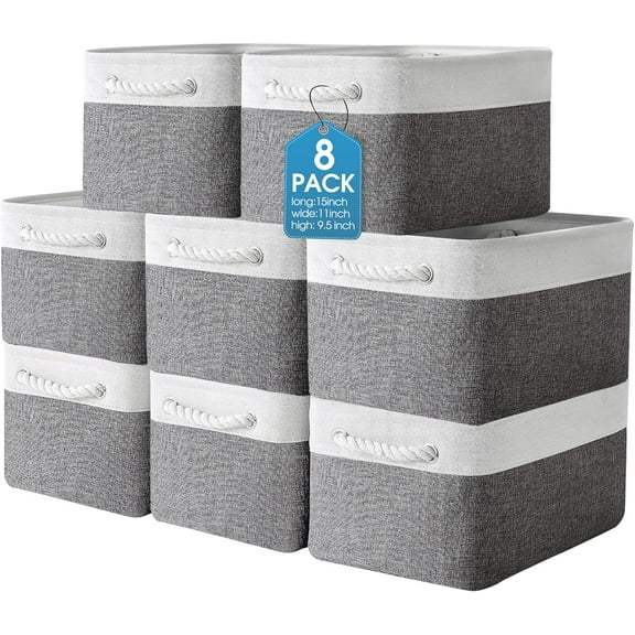 8 Pack Collapsible Storage Bins Fabric Storage Bins Polyester Fabric Baskets with Handles Linen Closet Organizer for Shelf Home Closet Towels Toys(15 x 11 x 9.5 in,Gray White)