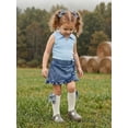 thumbnail image 6 of BemeyourBBs 2Pcs Toddler Baby Girl Summer Clothes Infant Baby Girl Denim Outfit Toddler Cowgirl Outfit Sleeveless Lapel Collar Ribbed Vest Tank Tops and Ruffled Jeans Skirt Denim Skirts Set, 6 of 9