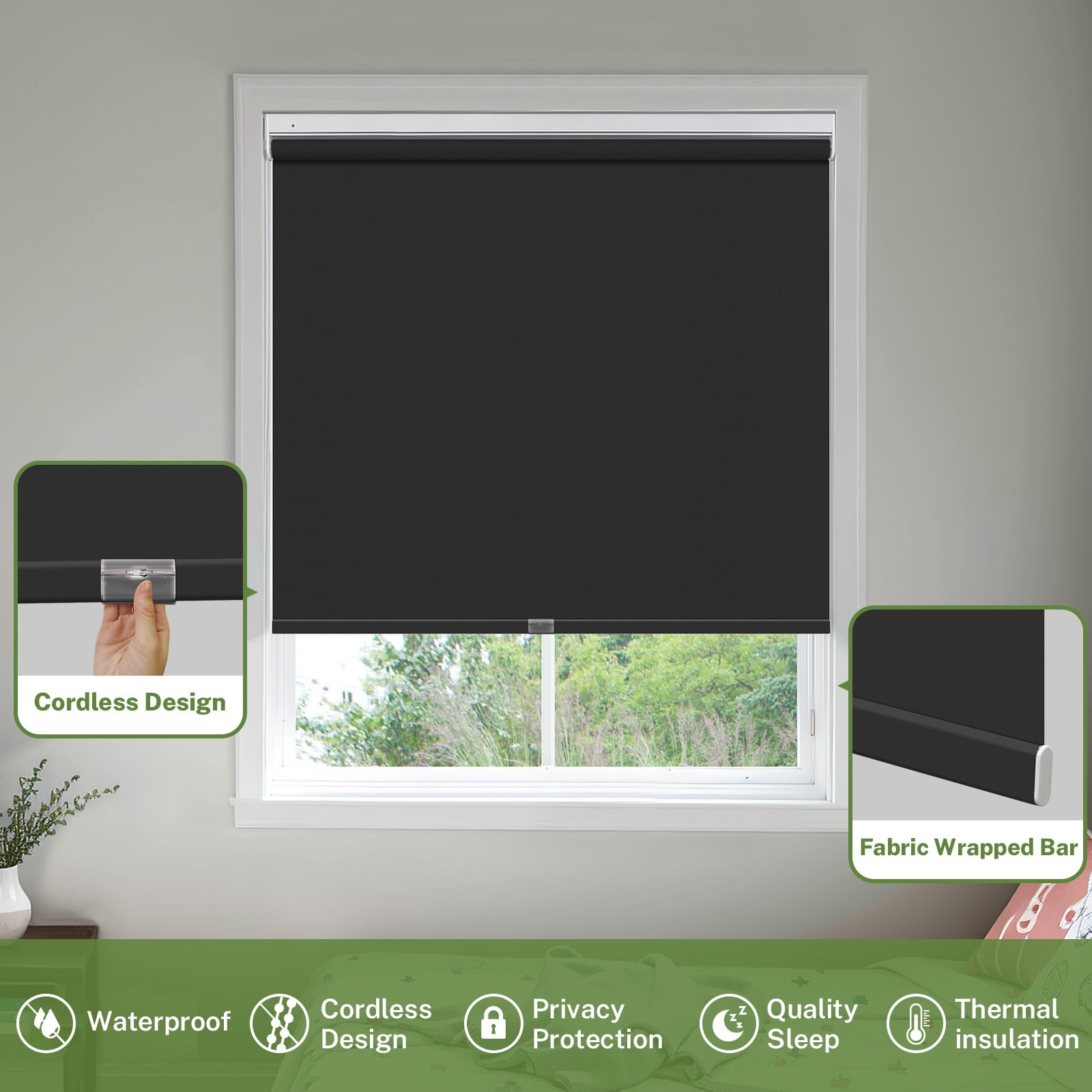 MiLin No Tools No Drill Cordless Roller Shades Roller Windows Shades Thermal Insulated Reduce Noise Privacy Window Roller Blinds for Indoor Windows (Blackout Black, 56" W X 72" H)