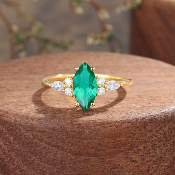 5X10 mm Marquise cut Emerald Engagement Ring, Vintage 925 Silver Wedding Ring, Seven Stone Anniversary Ring, Unique Moissanite Bridal Ring for Women