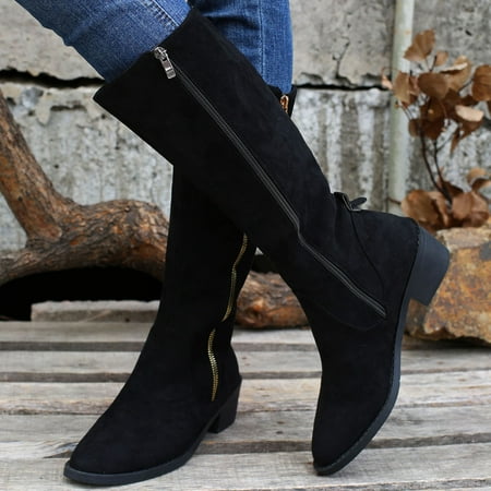 

Egmy Mid Heel Knee Boots Leopard Print Boots Side Zipper Fashion Casual Ladies Boots Black 42