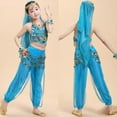 thumbnail image 2 of CUZIBR Girls Toddler Belly Dance Outfits Fashionable Sequins Halter Neck Backless Tank Top And Trousers With Head Veil Waist Chain And Bracelets Performances Dancewea Sets,Sky Blue,15-16 Years, 2 of 5