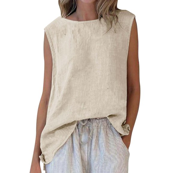 Womens Linen Tank Tops Classic Crew Neck Sleeveless Tank Top for Casual Wear Size S